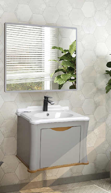 کابینت روشویی کورتینا بومرنگ خاکستری طرح چوب همراه با سنگ در رشت