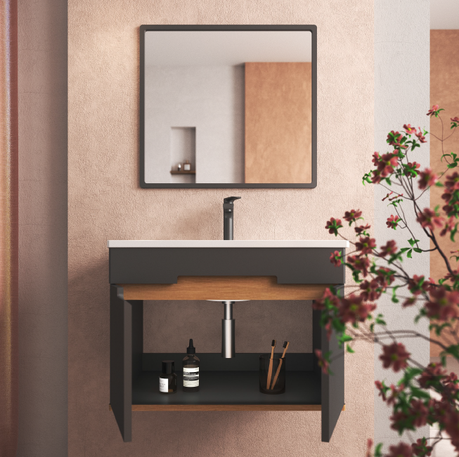  کابینت روشویی فلورا همراه با سنگ بومرنگ طوسی طرح چوب در رشت 